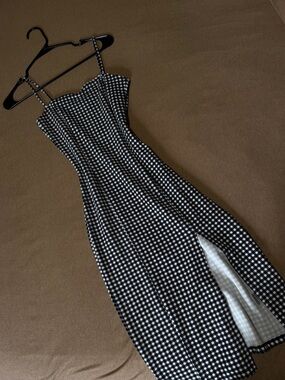 H&M Black and White Gingham Midi Slip Dress with Side Slit